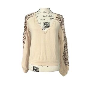 Free People Embroidered Sleeve V Neck Pullover Top Beige‎ Bohemian Women's